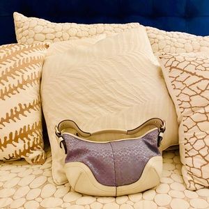 Coach White Leather and Pastel Blue Canvas Hobo